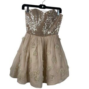 Betsey Johnson Dress Womens Pink Sz 0 Silk Strapless Sequins Flowers Dainty Prom